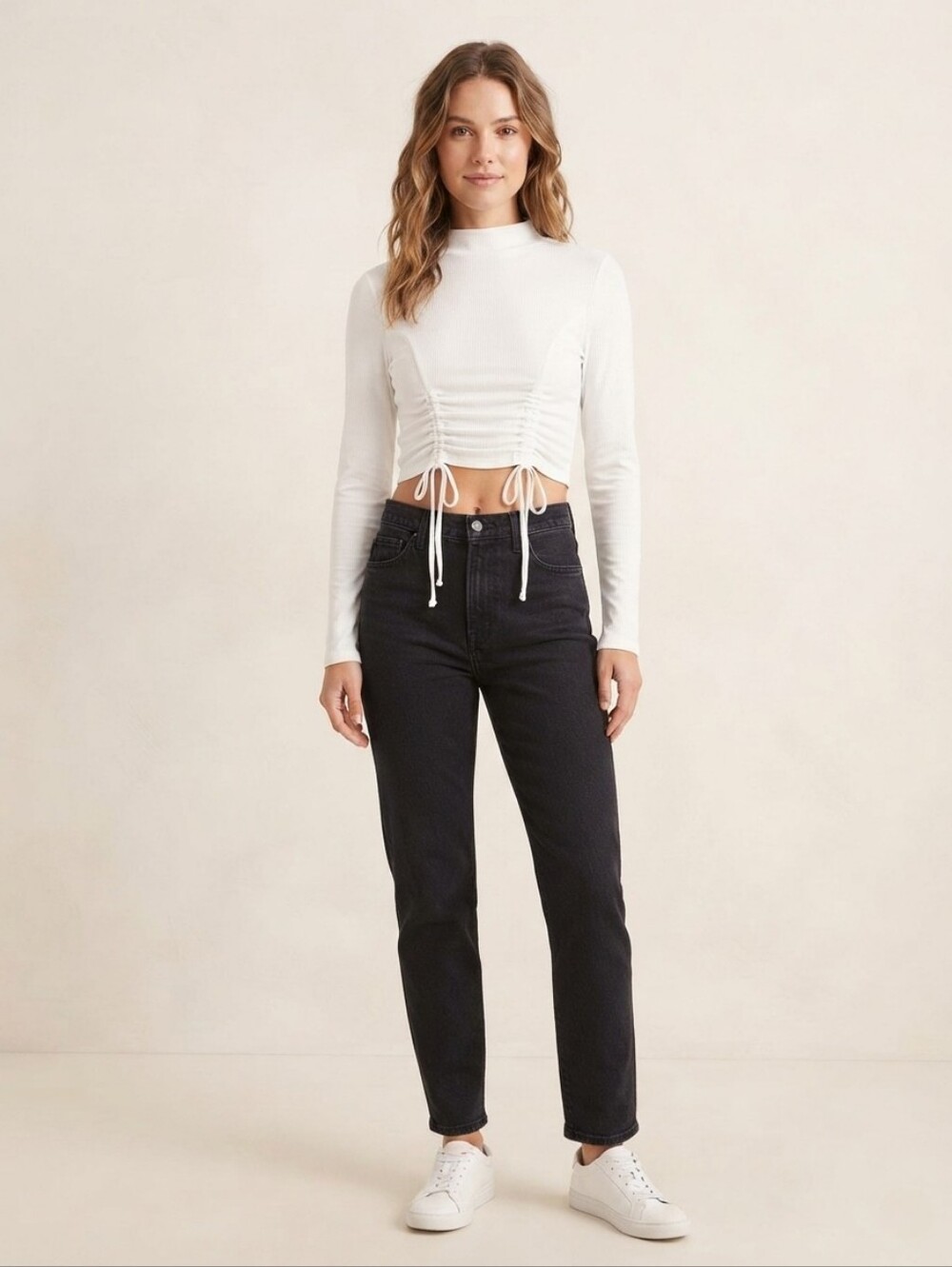 Love J White Ribbed Long Sleeve Crop Top with Drawstring Ruched Detail Size M